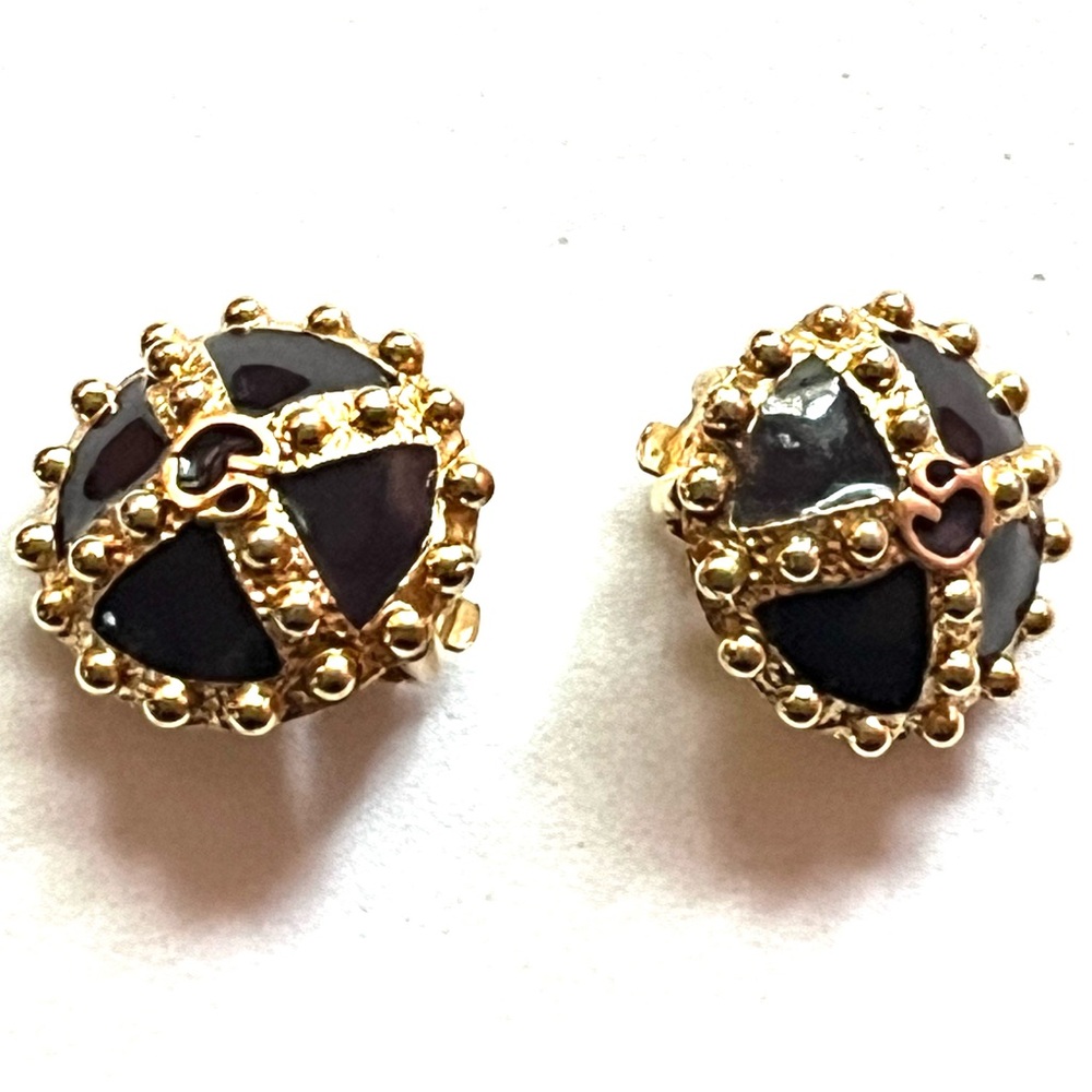 St. John Vintage Enamel Gold Tone SJ Logo Clip Button Earrings